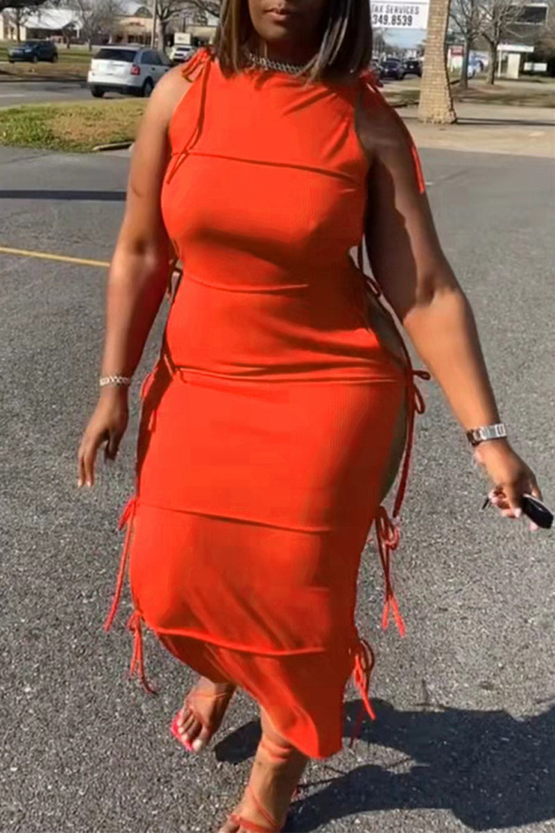 Plus Size Casual Solid Sleeveless Side Lace Up Maxi Dresses