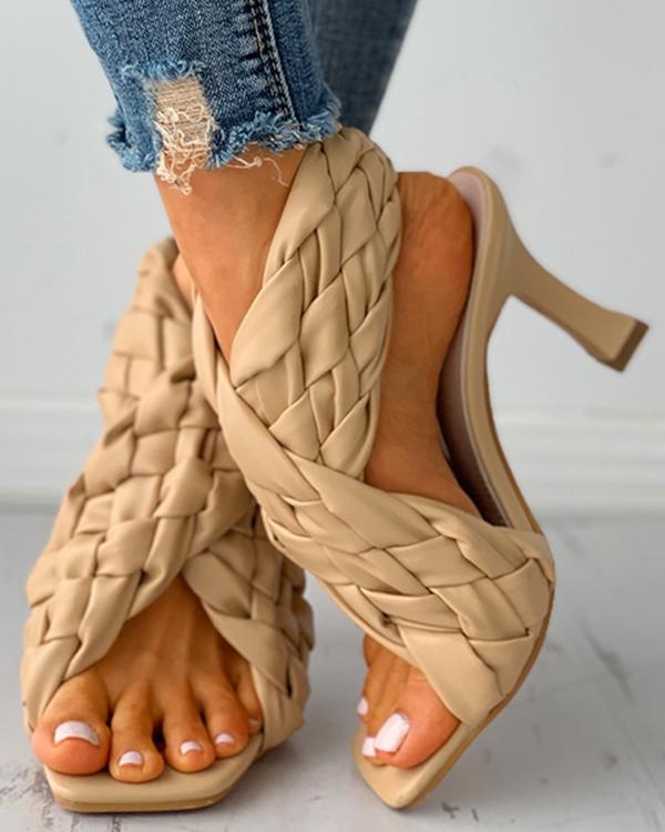 Braided Square Toe Slingback Heeled Sandals
