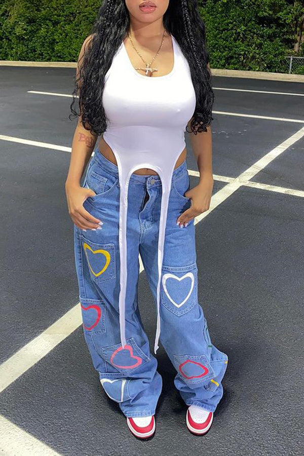Colorful Heart Print Patch Pockets Wide Leg Jeans