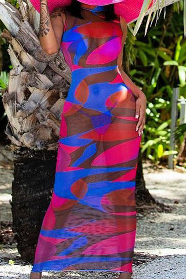 Printed Mesh Sexy Slim Fit Sleeveless Long Dress