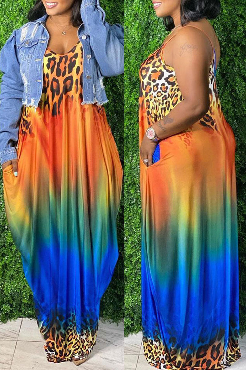 Plus Size Casual Gradient Printed Sleeveless V Neck Cami Maxi Dress