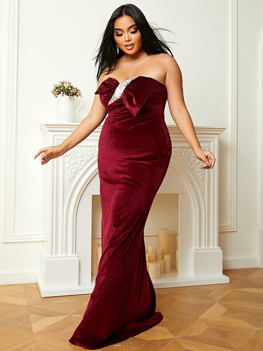 Formal StraplessWine Velvet Curve Mermaid Evening Dress PJM099L